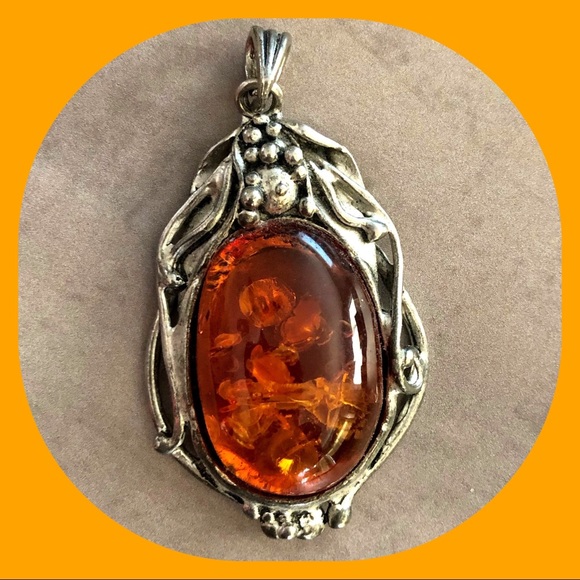 Vintage Jewelry - VINTAGE Art Nouveau Silver & Amber Large Pendant